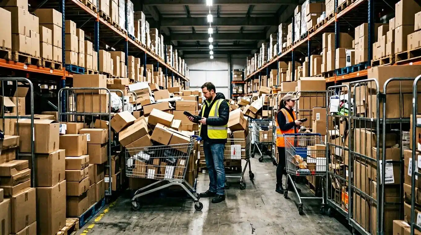 Photorealistic depiction of a busy warehouse overwhelmed by a sudden order spike, featuring congested picking aisles blocked by carts, piles of boxes, and exactly two stressed workers scanning items under fluorescent lights.