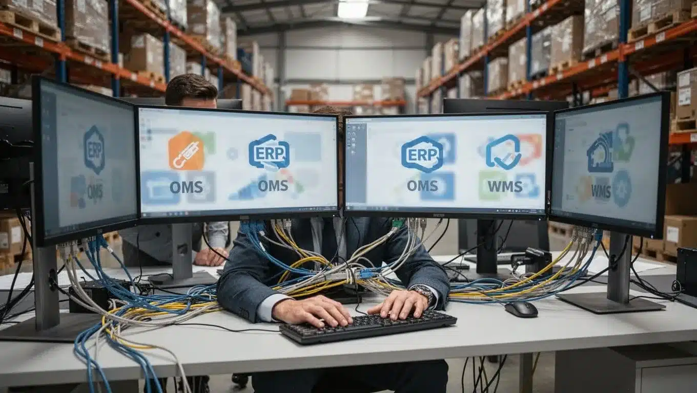 Frustrated IT manager sitting at desk in modern warehouse office with multiple computer screens showing blurred ERP, OMS, WMS icons and tangled ethernet cables. Photorealistic style, natural daylight lighting, landscape composition, exactly one person.