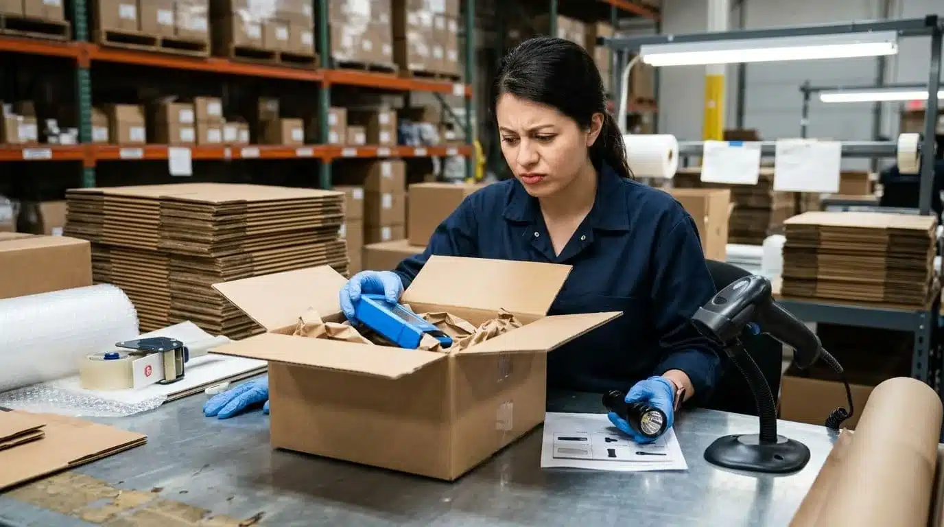 Photorealistic close-up of a warehouse packing station showing a frustrated worker packing the wrong item into a box, evident by the mismatch, with a scanner nearby and boxes around under bright task lighting.