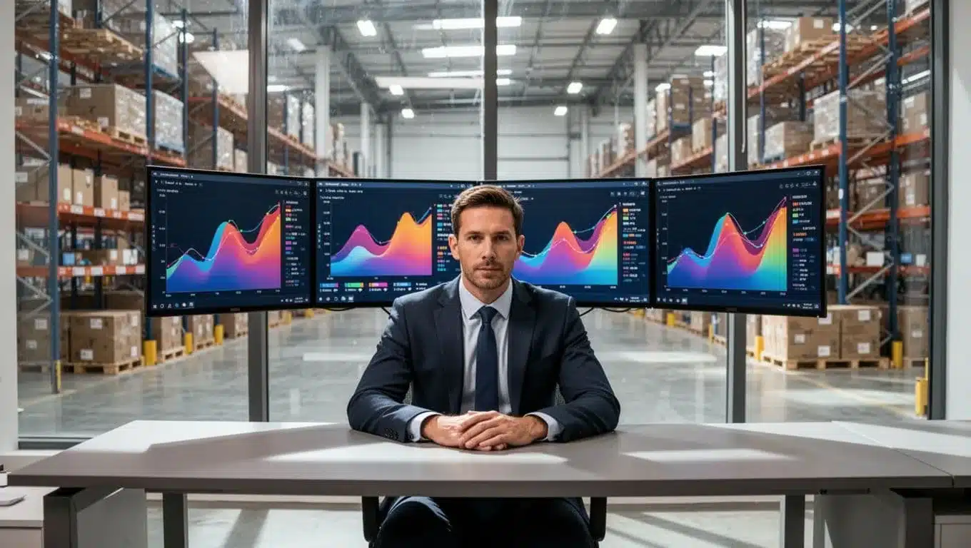Manager in 3PL office views dual-monitor charts of reduced chargebacks and profit margins, warehouse floor through window.
