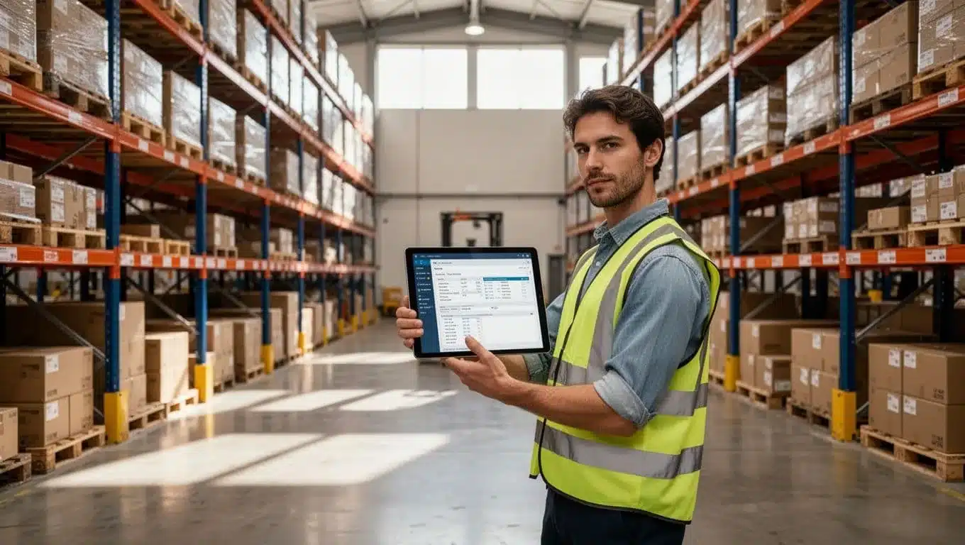 Supervisor holds tablet reviewing inventory while overlooking organized warehouse shelves.
