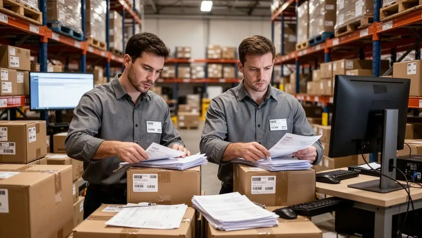 Two stressed workers manage purchase orders, labels, and packages amid stacks of boxes with a blurred computer screen.