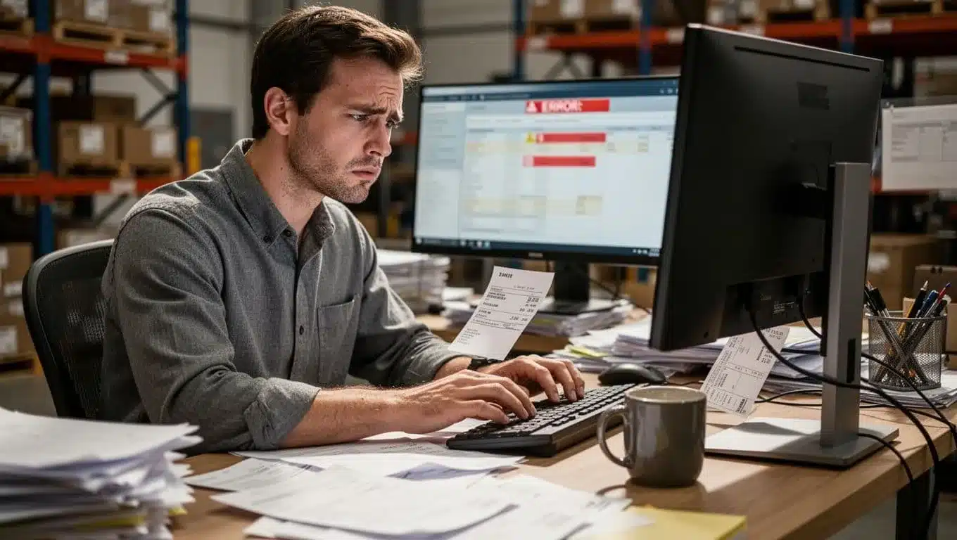 Frustrated employee at desk types data from paper orders into computer showing blurred error icons, with scattered papers and coffee mug.