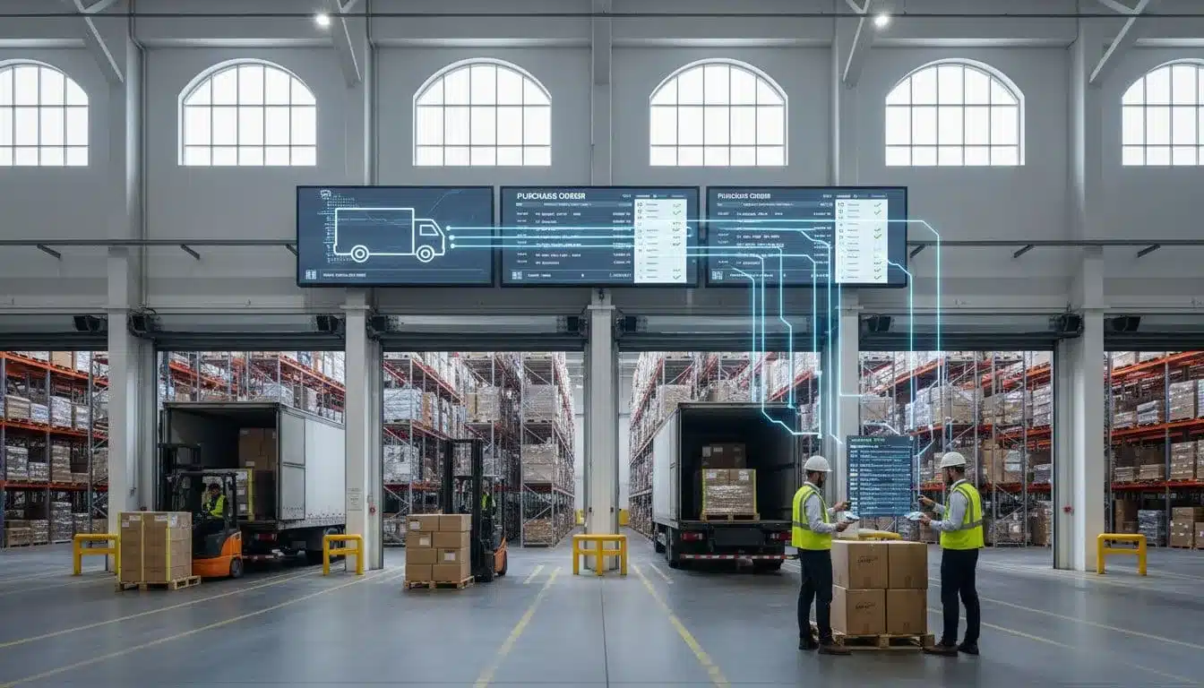 Trucks unload pallets at receiving dock as EDI orders display on wall screens and worker tablets, two workers scan with digital lines showing data flow.