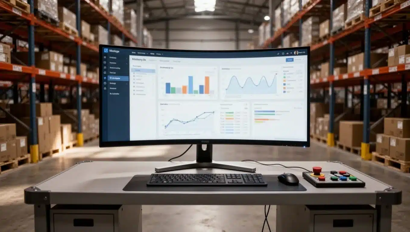 Large curved monitor on warehouse control desk displays blurred multi-client dashboard with inventory levels and SKU graphs.
