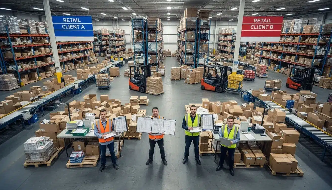 Three workers in safety vests review thick binders and clipboards at packing stations amid cartons and pallets in client-zoned warehouse.