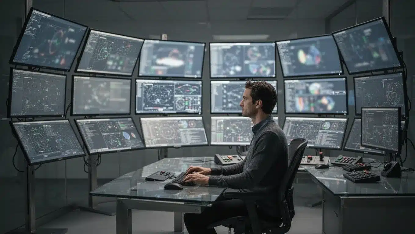 Operator seated in modern control room views angled screens with blurred multi-client inventories and EDI flows.