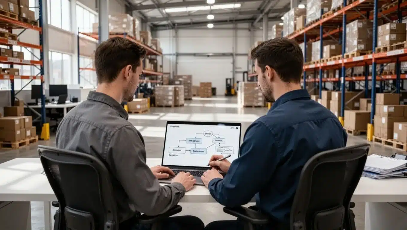 Tester at laptop reviews phased EDI testing flowchart in modern warehouse office.