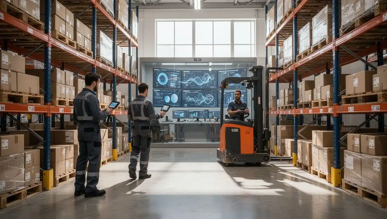 Modern warehouse with high shelves of boxes and pallets, two workers scanning barcode and driving forklift, background screens showing multi-location inventory maps.