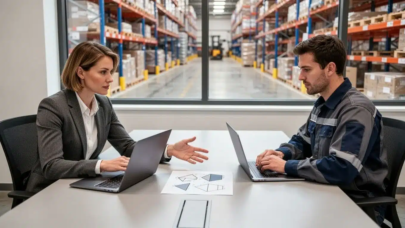 Two trainers and two warehouse staff sit around conference table, one gesturing to process map, laptops open, window to warehouse floor.