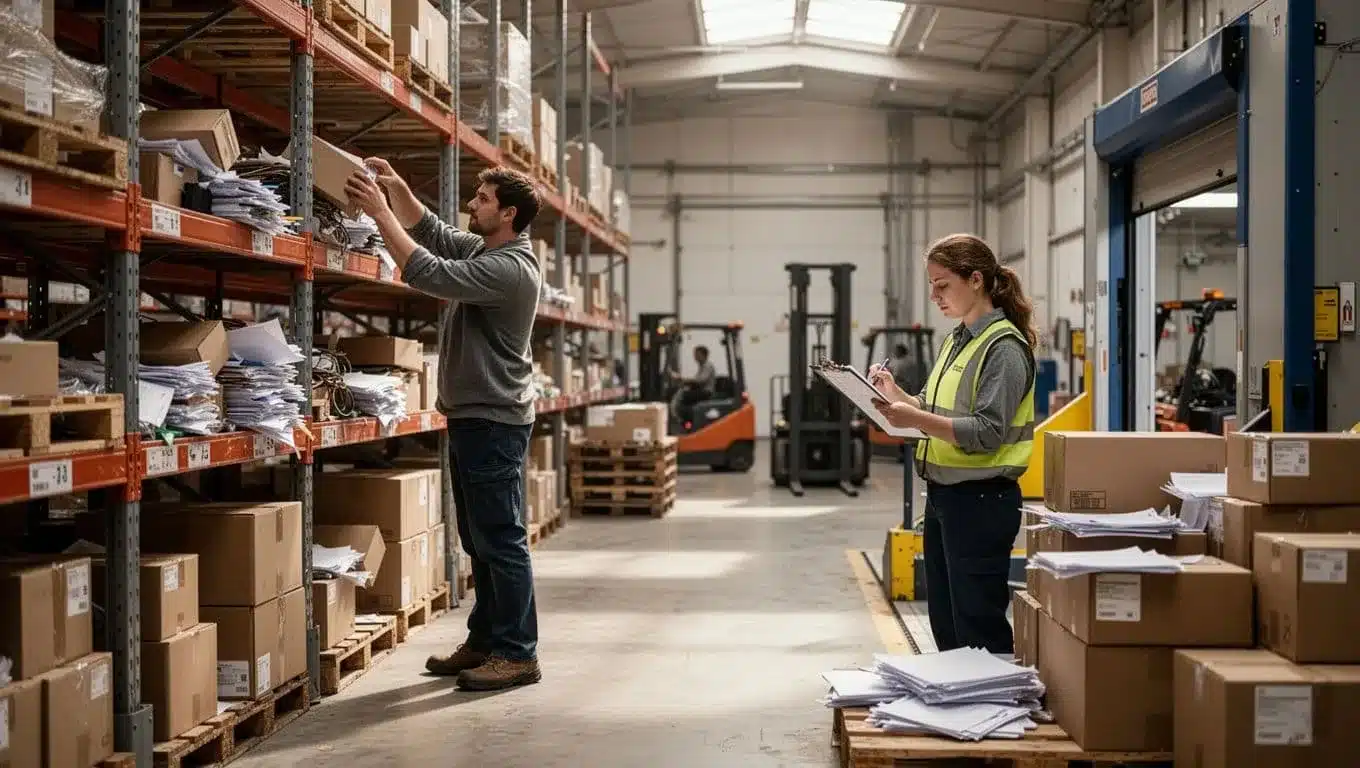 Three workers in industrial warehouse: one searches disorganized shelves, one handles stacked boxes and paperwork at receiving dock, one checks clipboard against stock, high shelves and forklifts behind.