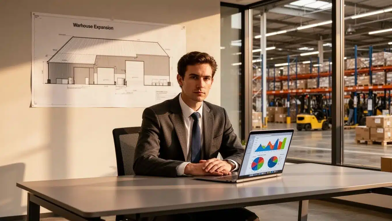 Professional at desk with laptop showing sales growth charts, warehouse expansion map on wall behind, office overlooking warehouse floor.