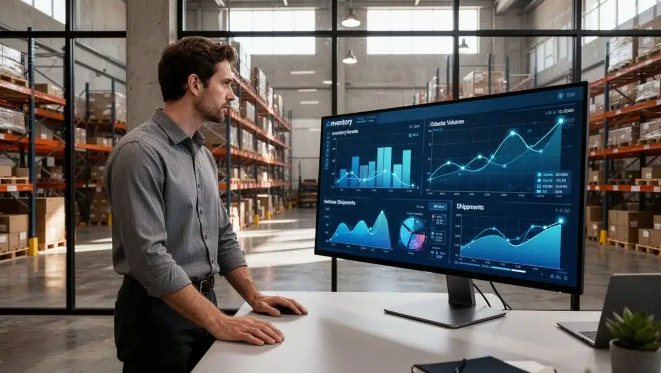 Warehouse manager examines large screen dashboard of order metrics and inventory levels in modern office by warehouse floor.