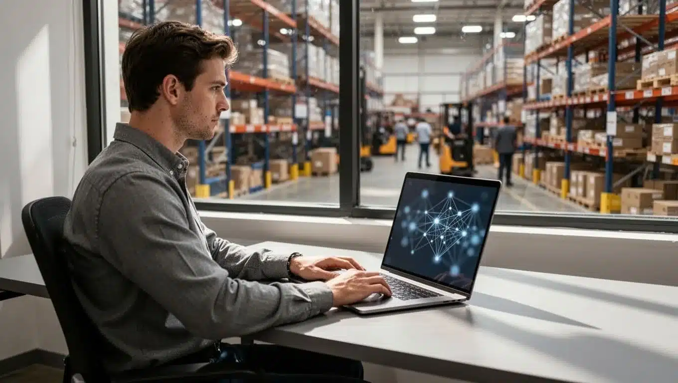Warehouse manager sits relaxed at modern desk with open laptop showing blurred EDI partner network, window to active warehouse floor.