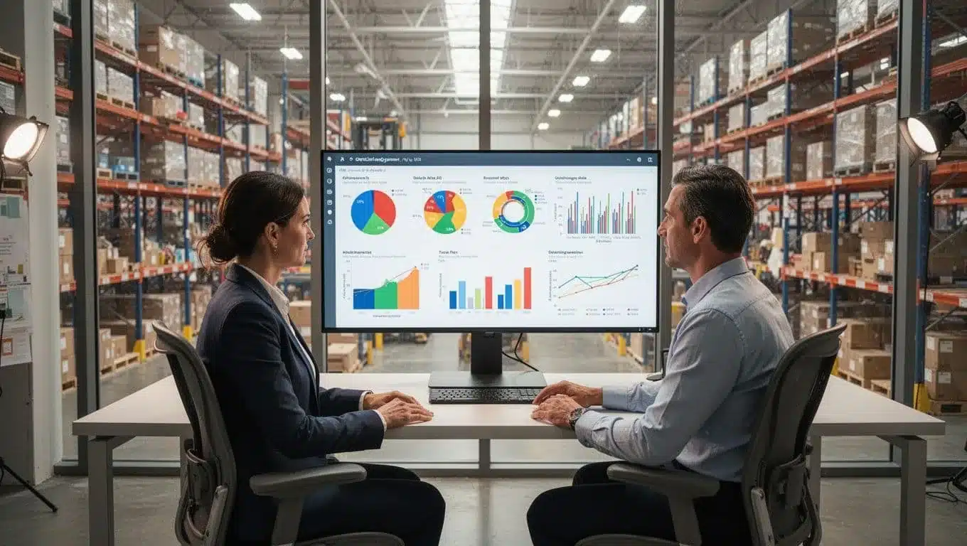 Warehouse operations manager at desk in modern office overlooks warehouse floor while viewing large monitor dashboard with charts for chargebacks, ASN accuracy, shipments, and disputes.