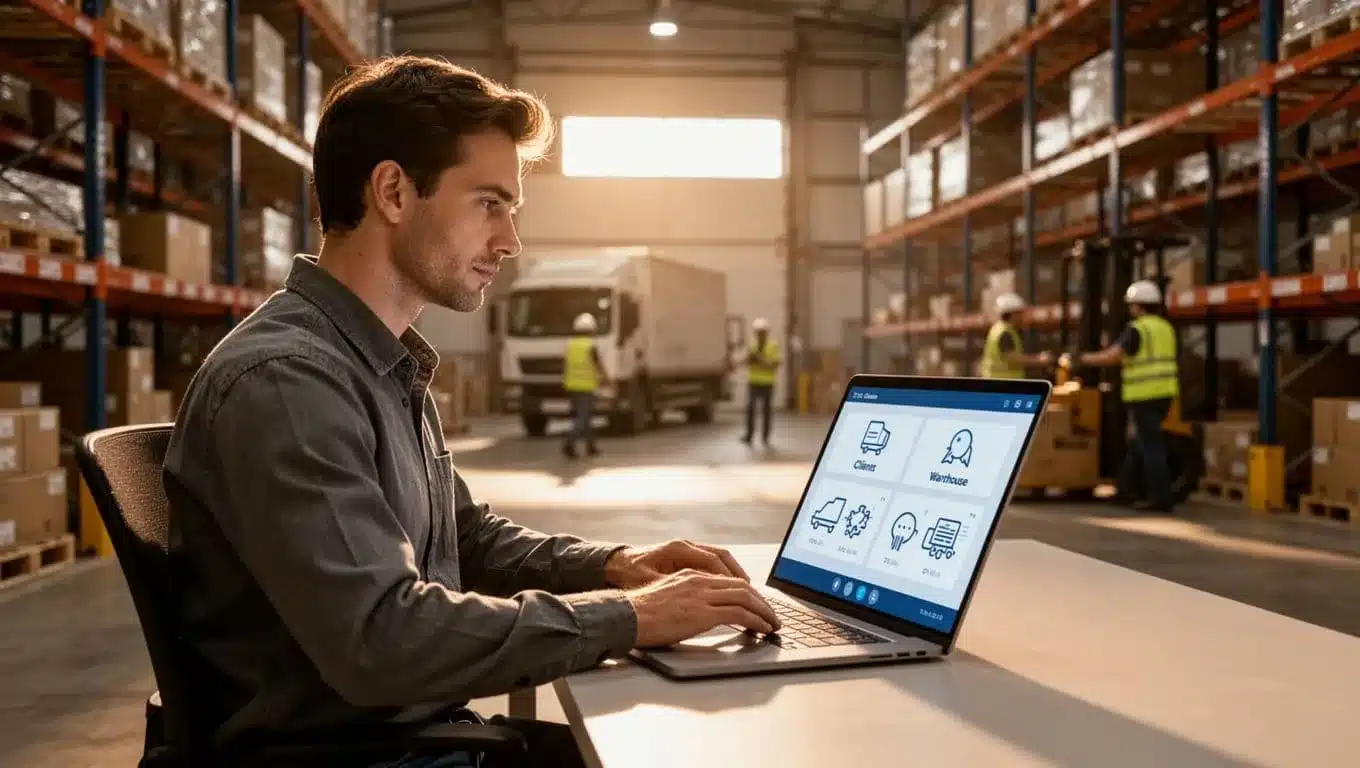 Warehouse manager seated at desk adds client and warehouse icons to angled laptop dashboard; blurred background shows expanding warehouse with shelves, trucks, and workers.