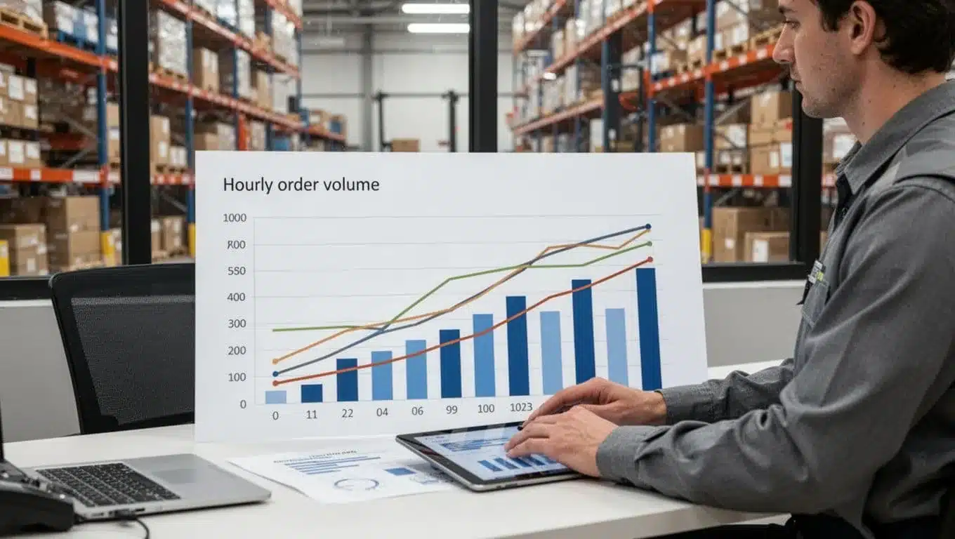 A warehouse manager seated at a desk reviews a simple chart displaying hourly order volume bars overlaid with staffing level lines, in a modern office with warehouse shelves visible through the window under natural daylight.
