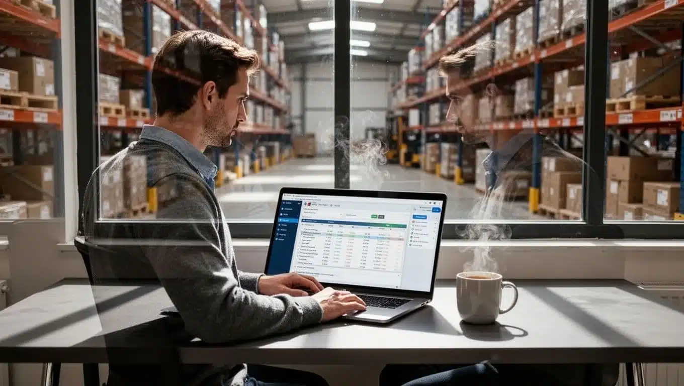 Warehouse manager at desk examines cost breakdown spreadsheet on laptop, coffee mug nearby, warehouse view through window.