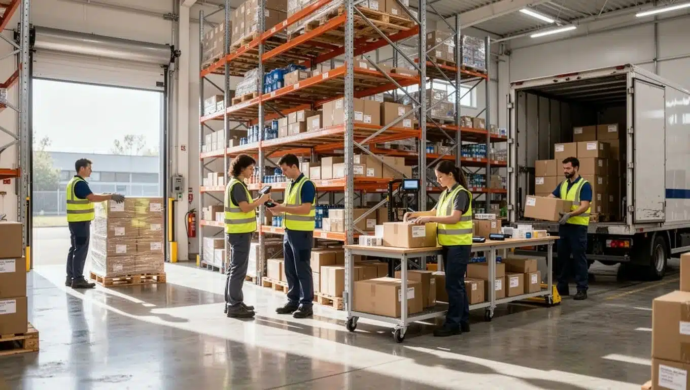 Four workers manage orders: one receives pallet at dock, one picks shelves with scanner, one packs boxes, one loads truck.