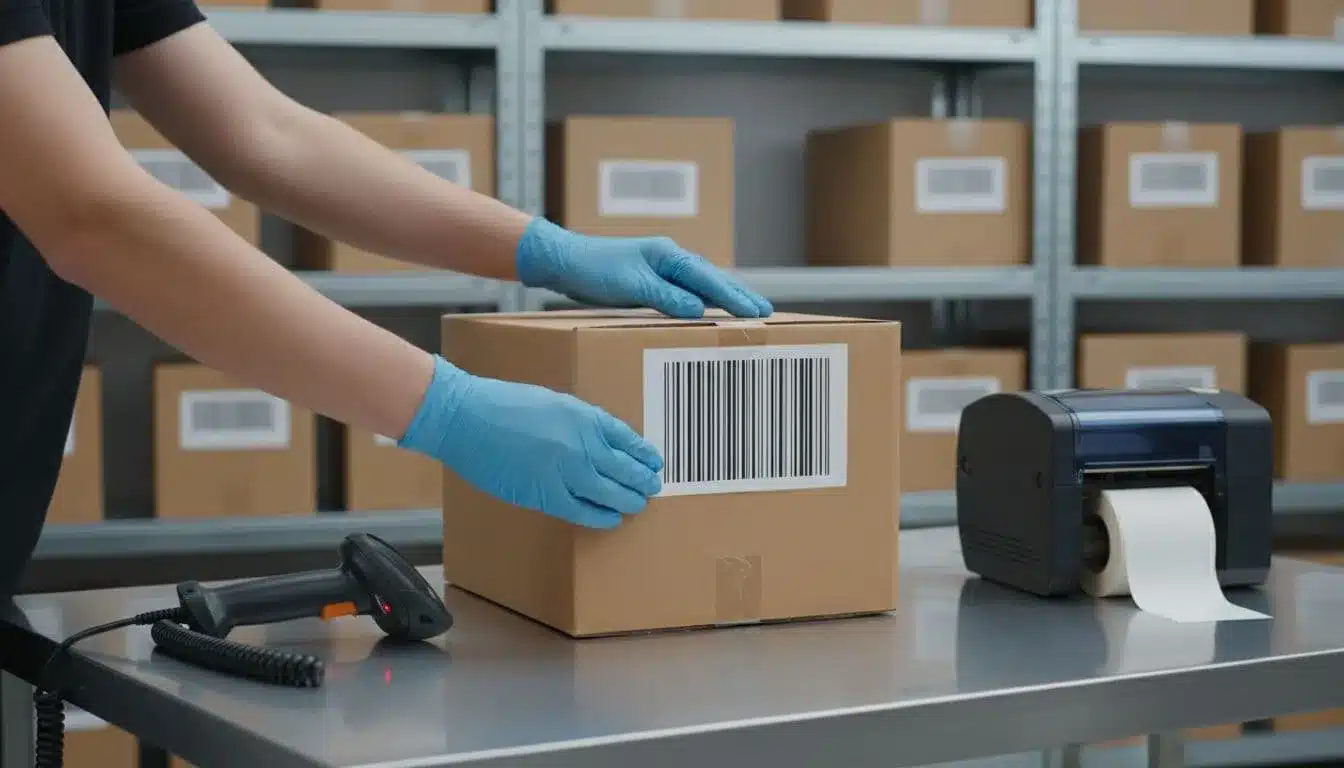 Gloved hands place UCC-128 label on carton at warehouse packing station with scanner, printer, and shelves nearby.