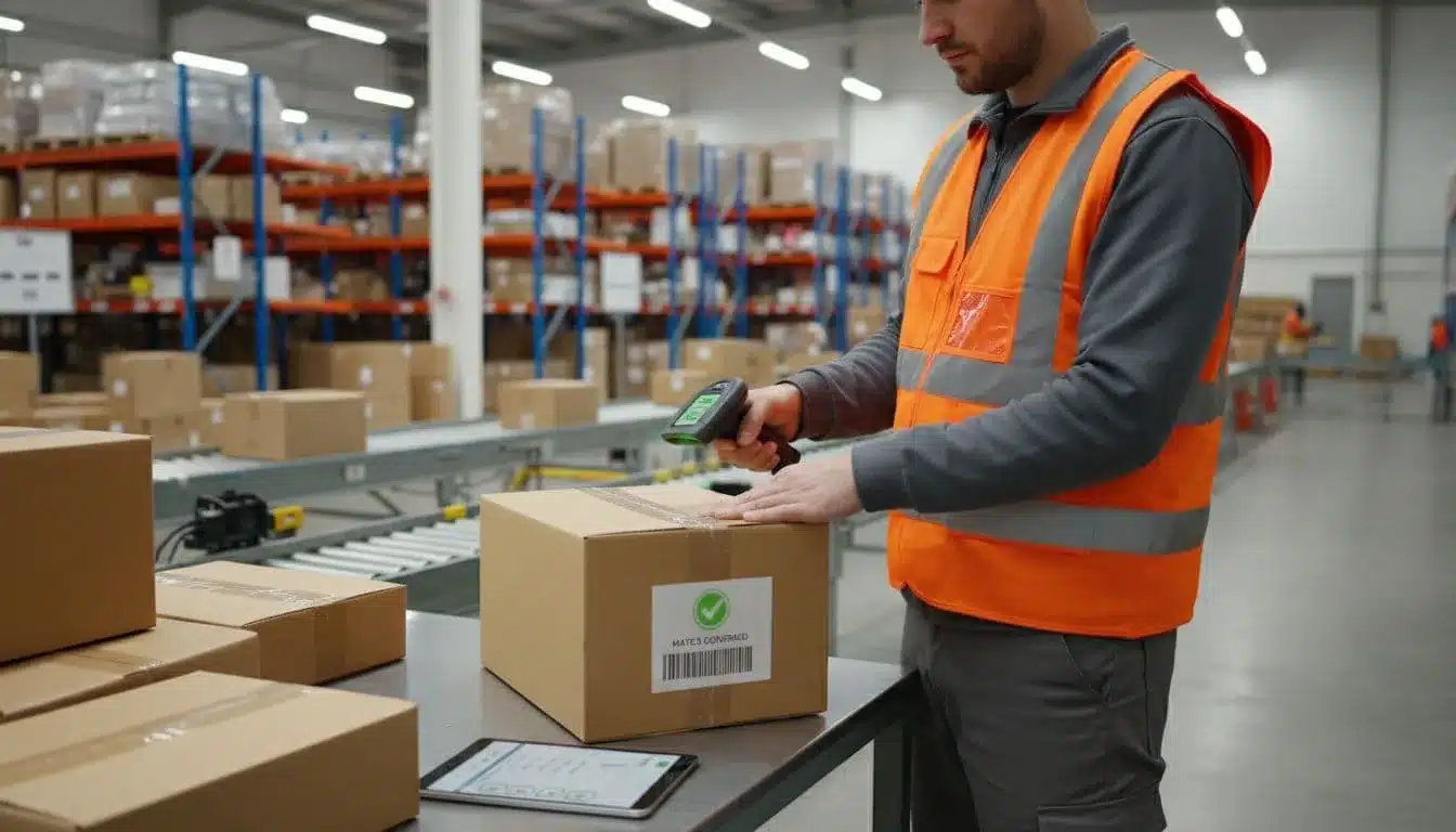 Warehouse picker in safety vest holds handheld scanner to packed carton at packing station, tablet shows matched pick list nearby.