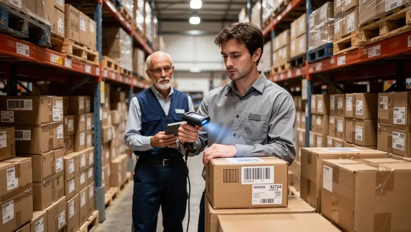 Picker scans barcode with mobile device in aisle of box shelves, supervisor observes nearby.