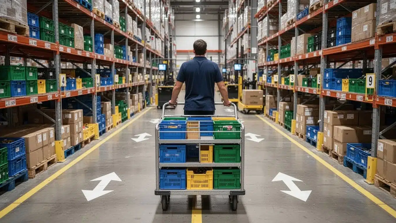 Warehouse picker viewed from behind pushes a cart loaded with multiple divided totes through a high-density shelving zone, following floor arrows for an optimized pick path in a modern, well-lit facility.