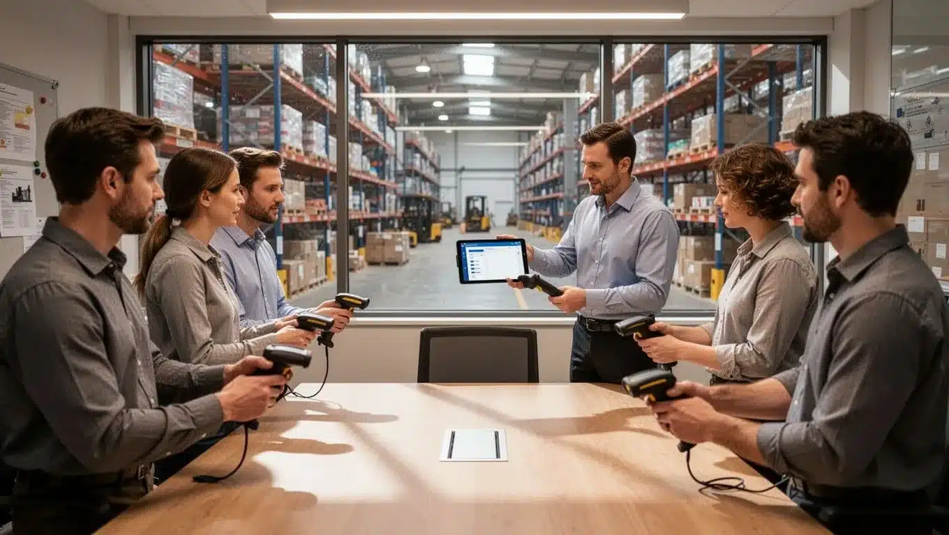 Instructor shows tablet app to four seated warehouse workers practicing with scanners in conference room with warehouse view.