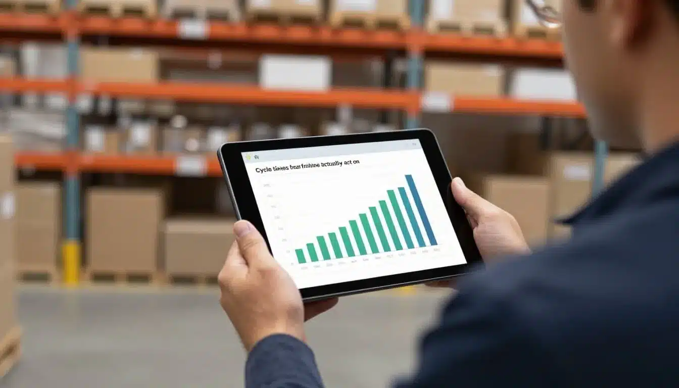 Warehouse supervisor holding a tablet displaying simple KPI charts like bar graphs for cycle times and lines per hour, set against a modern warehouse background with shelves. Realistic photo in natural daylight lighting, focusing on the person and device with a slightly angled and blurred screen; exactly one person with two hands relaxed on the tablet.