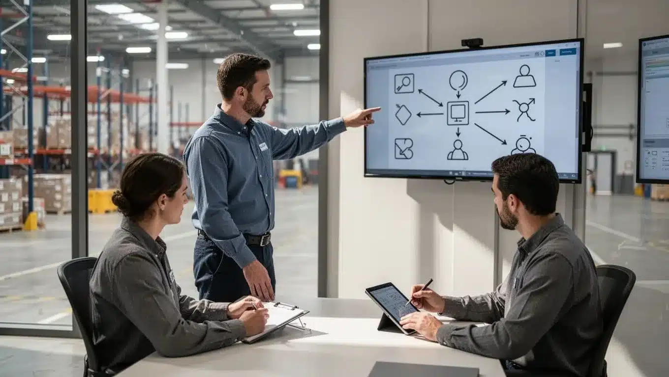 Standing supervisor points at wall screen showing receiving, picking, shipping, and billing icons linked by arrows; seated team member takes notes on tablet in control room overlooking blurred warehouse floor.