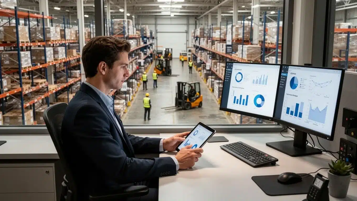 Supervisor seated at desk with tablet views simple charts on angled monitor, large window shows busy warehouse floor with pickers and forklifts.