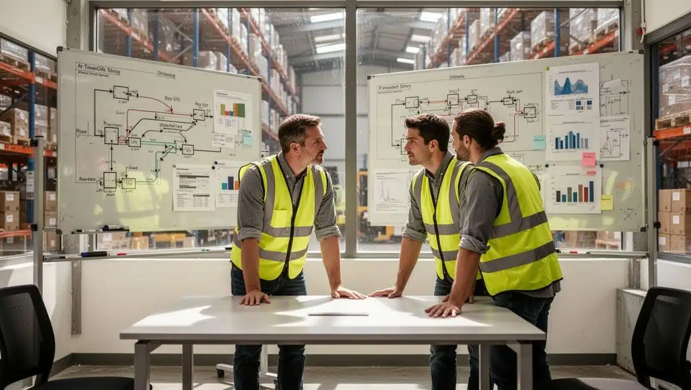 Two safety-vested workers review EDI diagrams on whiteboard in conference room with warehouse window view.