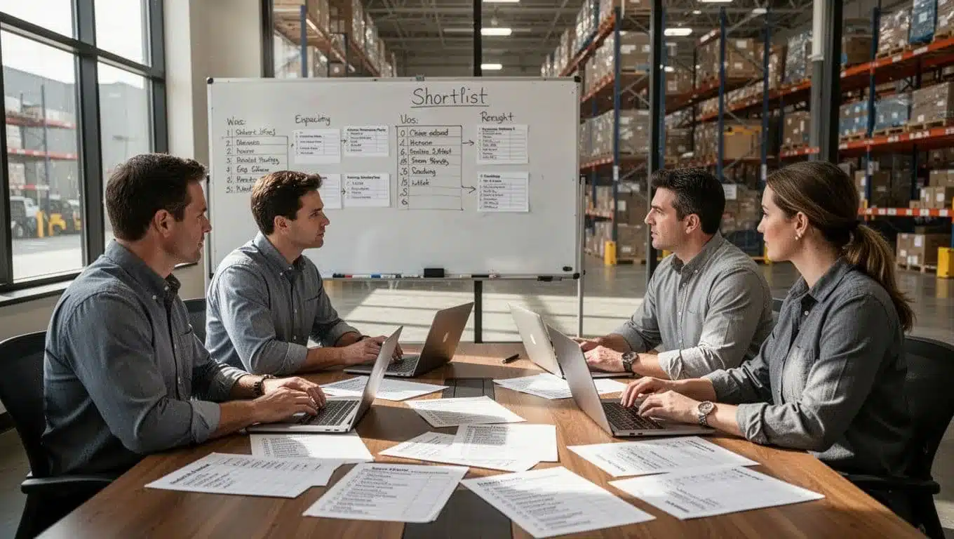 Three managers in conference room review WMS vendors on whiteboard, laptops, and table papers, daylight from warehouse-view window.