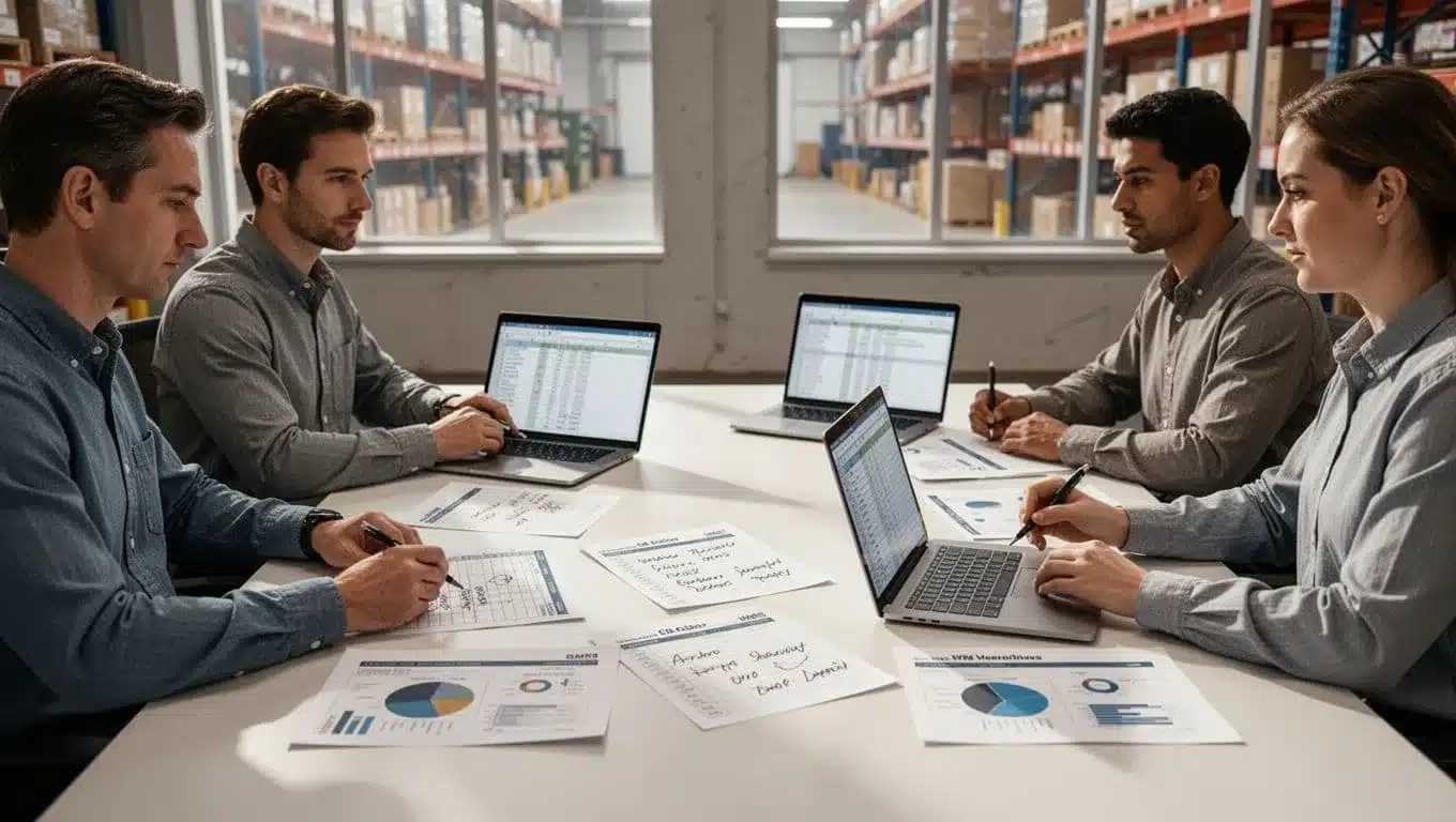 Four warehouse team members at conference table score WMS vendors using printed scorecards and open laptops.