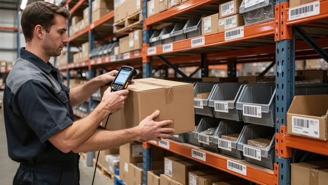 A warehouse worker scans and places a box into the assigned bin location on forward pick shelves using a mobile scanner for directed putaway. The scene features a modern racking system, visible barcode on the bin, natural lighting, and realistic photo with exactly one person.