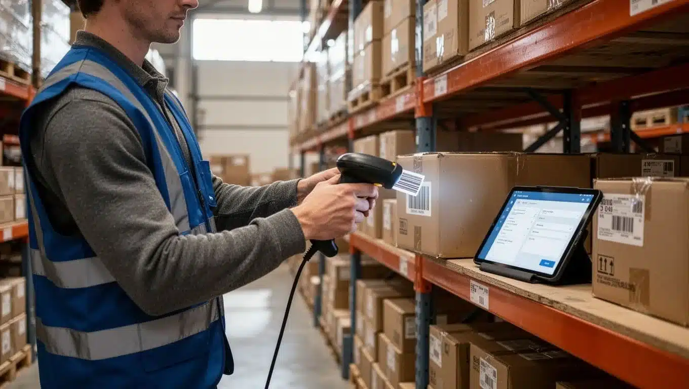 Warehouse worker in blue vest scans barcode on box with handheld scanner; nearby tablet displays real-time EDI order and inventory updates.