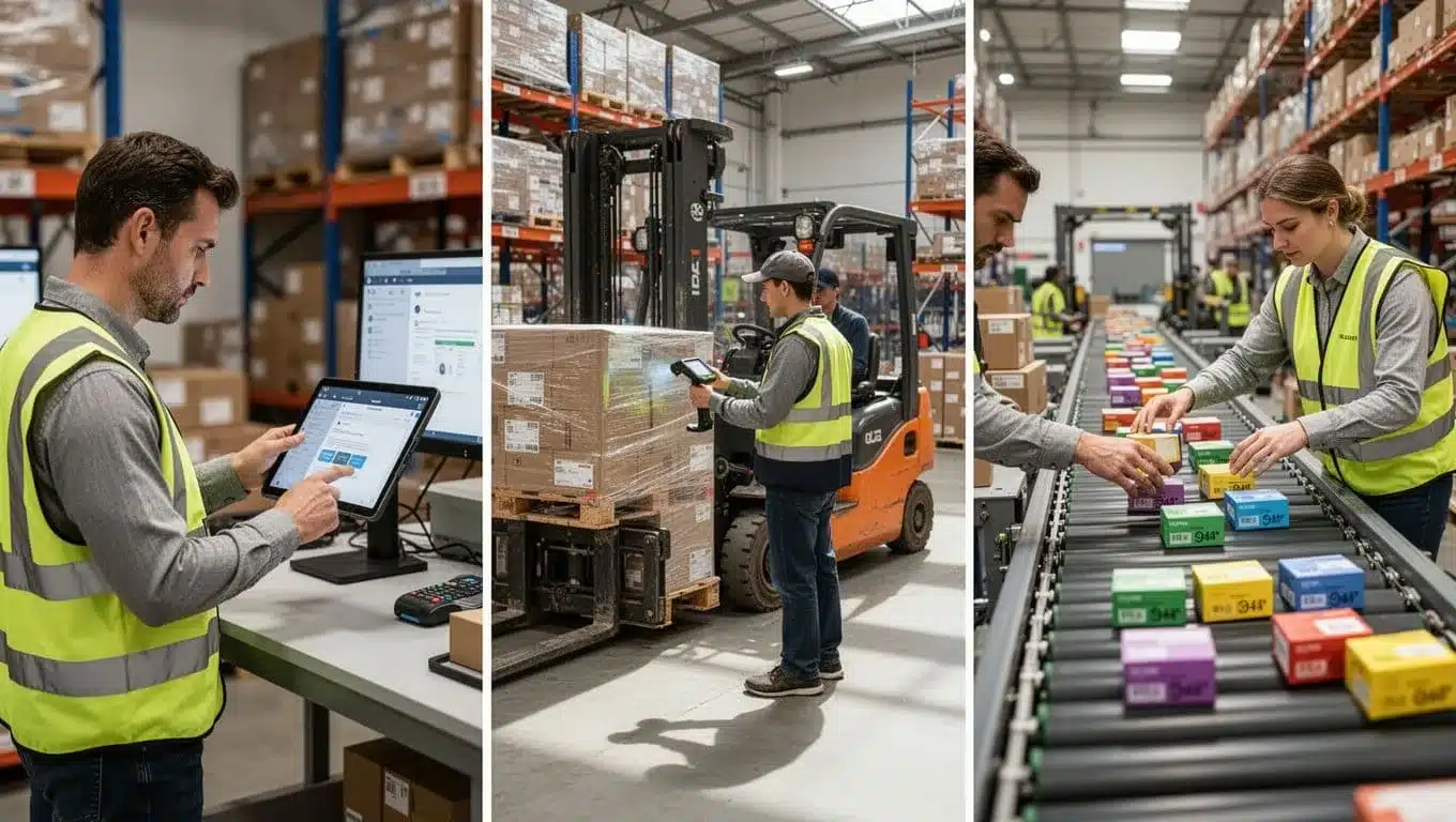 Triptych of three warehouse scenes: manager at workstation with inventory dashboards, worker scanning pallet near forklift, picker packing colorful box on conveyor.