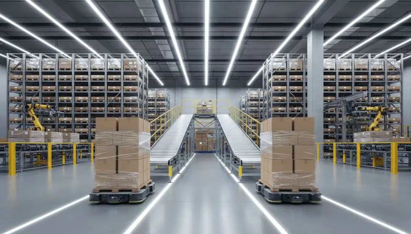 Two autonomous robots carry stacked boxes toward conveyor belt amid tall storage racks.