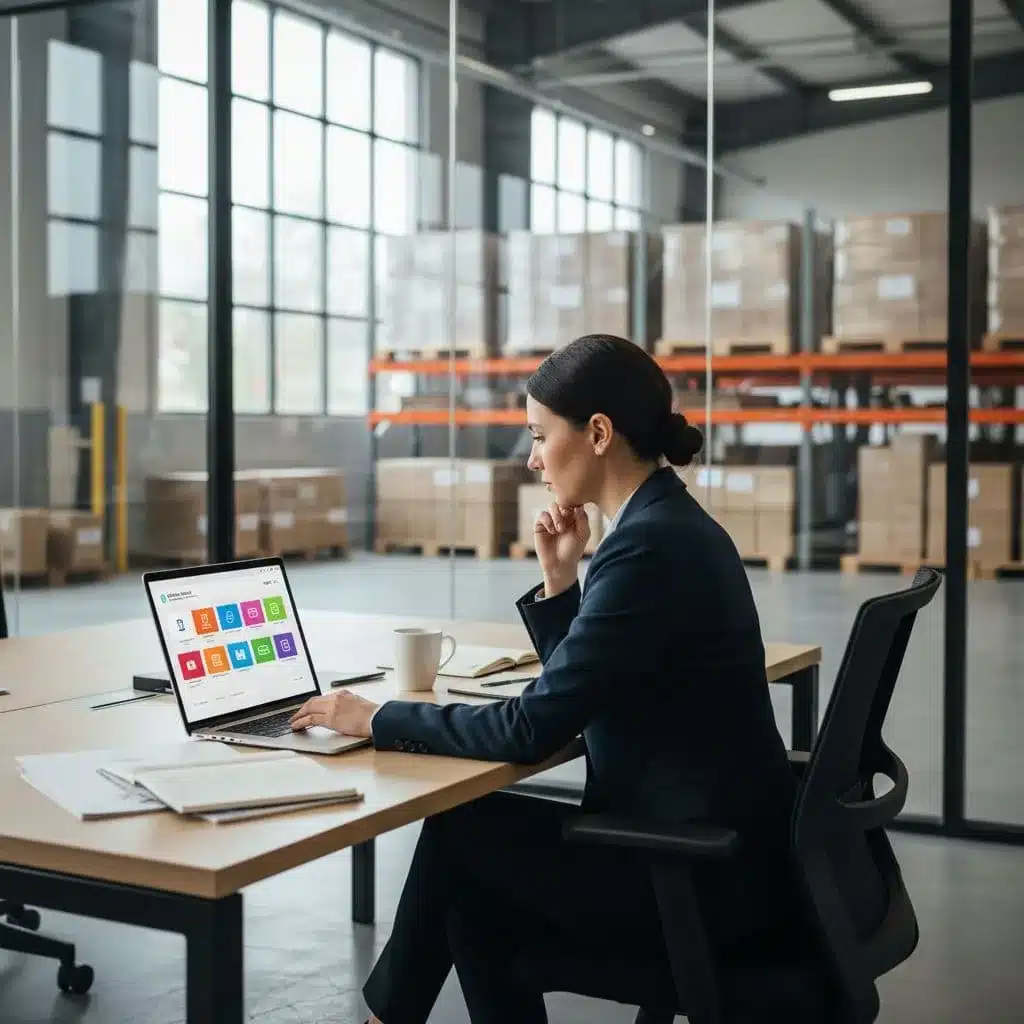 A professional sits at a desk in a warehouse office reviewing software on a laptop.