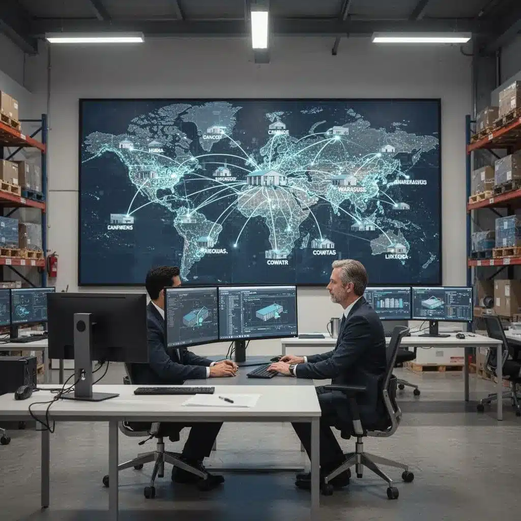 A person monitors a central digital map displaying multiple connected warehouse locations from a modern office.