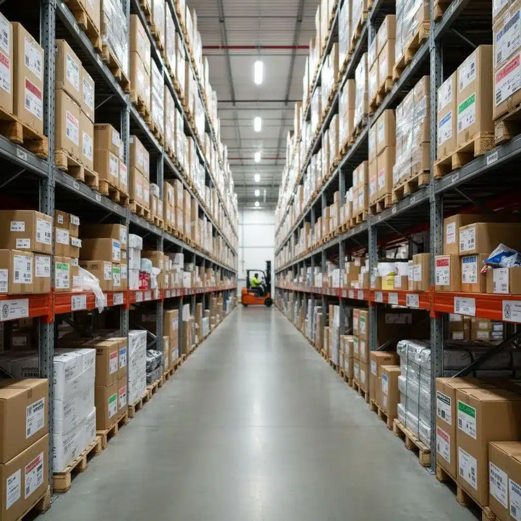 Rows of tall shelves are filled with assorted packaged boxes featuring various shipping labels in a bright warehouse.
