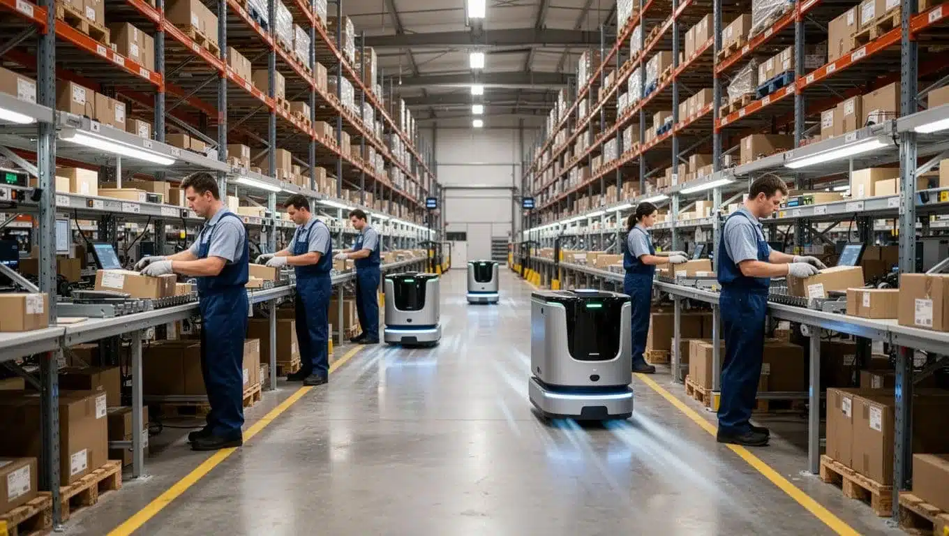 Autonomous robots move totes as four workers pick and pack orders near high-density racks and digital metrics screens.