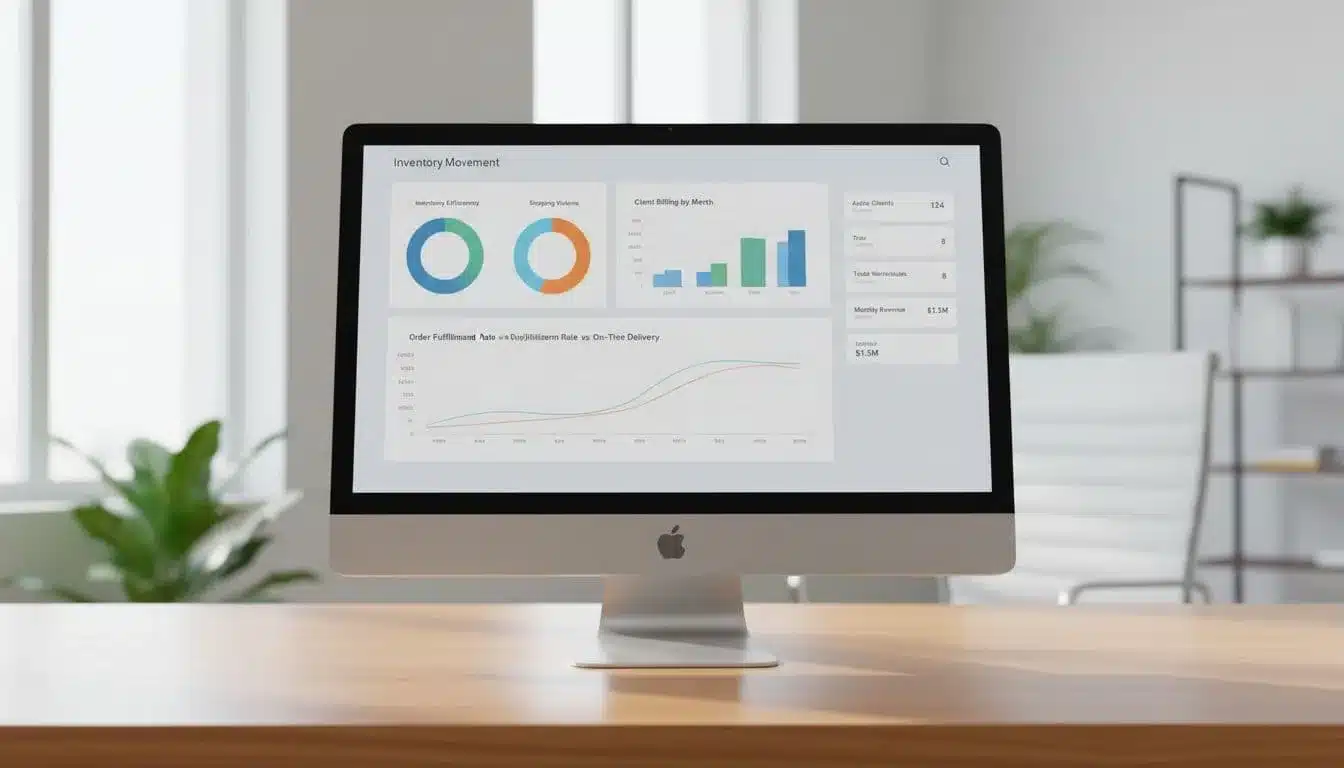 A computer monitor on a wooden desk displays detailed graphs and financial charts for warehouse operations.