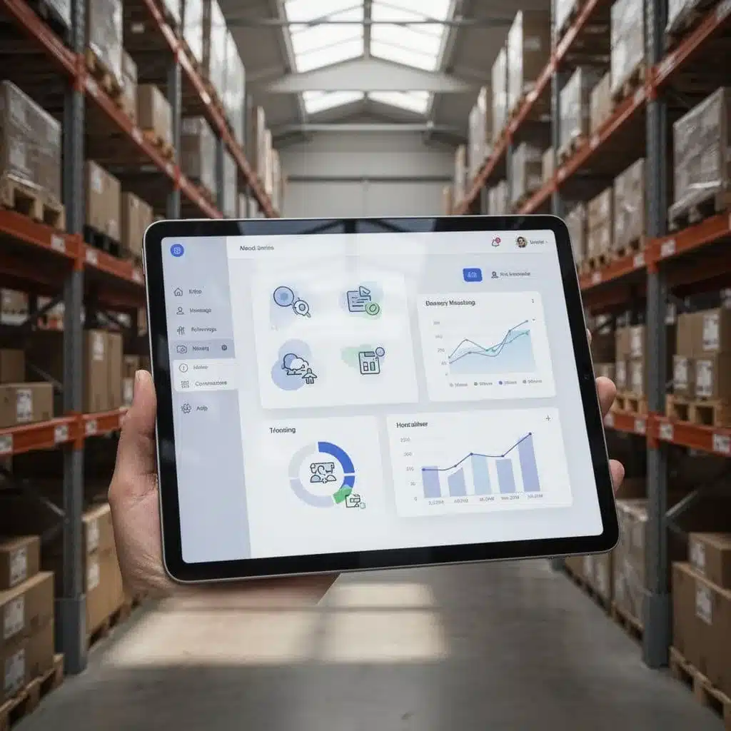 A close-up of a digital tablet showing a clean warehouse inventory management interface.