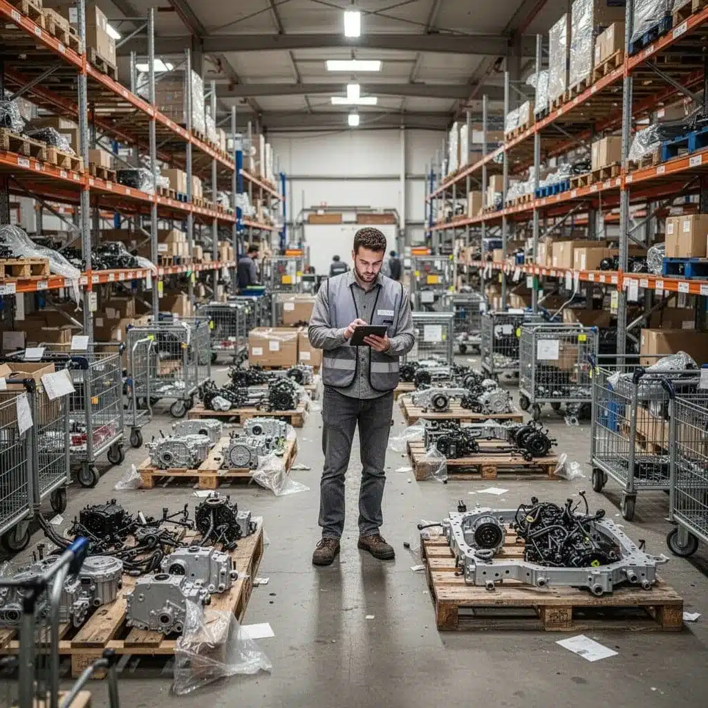 A worker checks a digital tablet amid a busy warehouse floor filled with unorganized manufacturing parts.