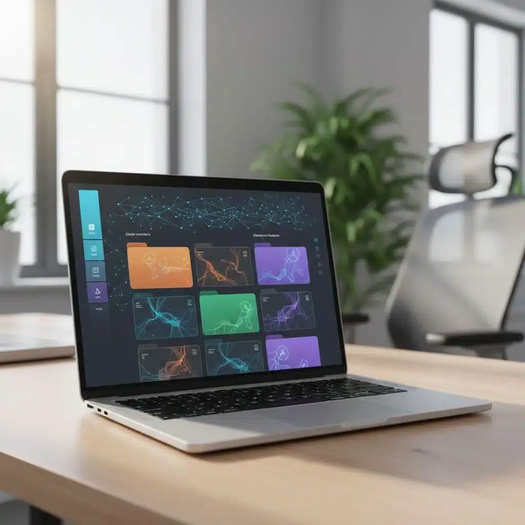 A laptop screen displays a professional dashboard with color-coded client folders and data streams in an office.