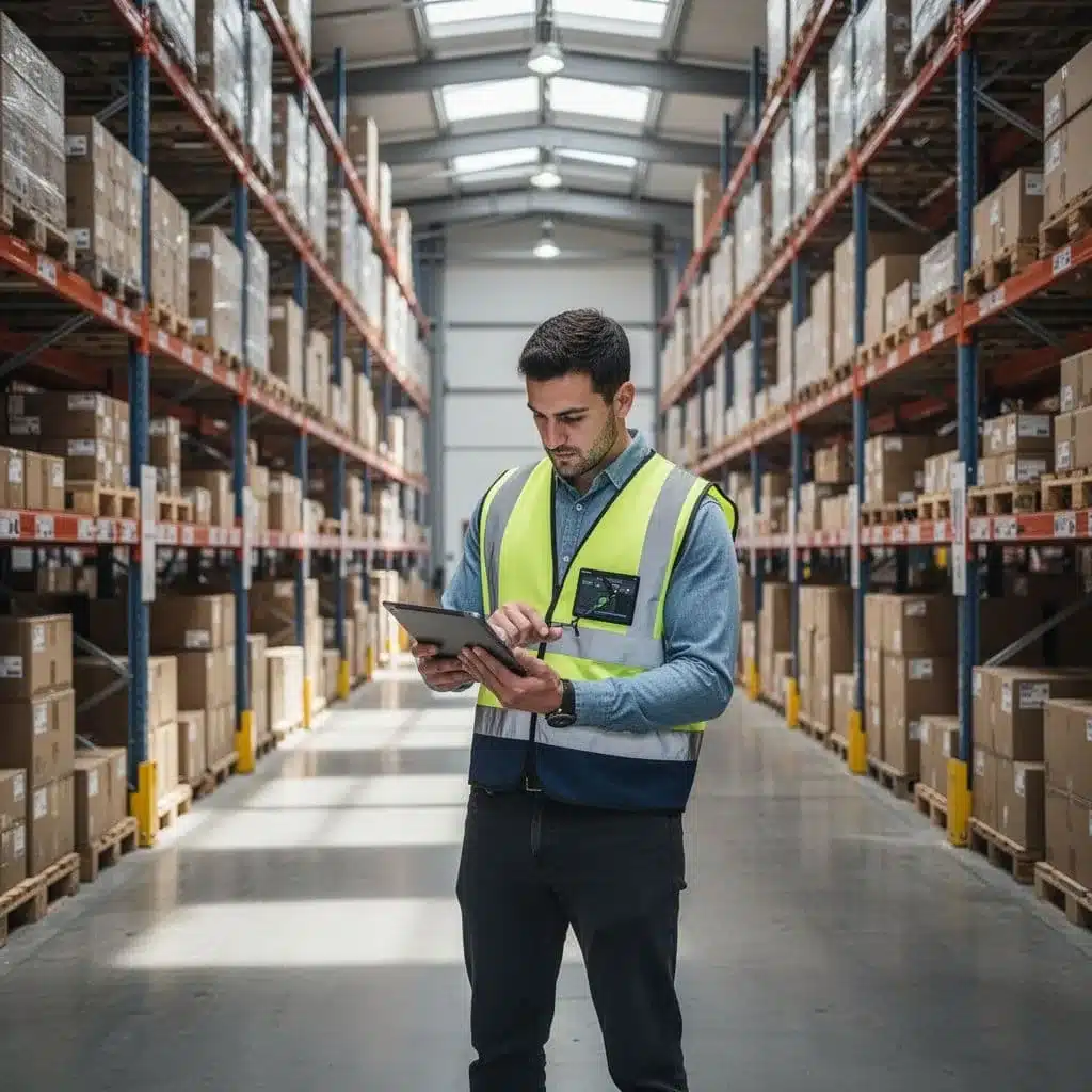 A warehouse manager uses a tablet to update digital settings in a modern logistics facility.
