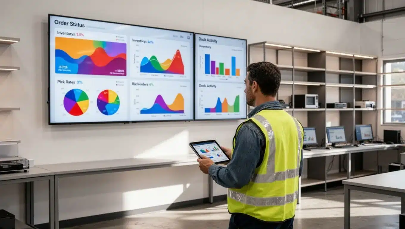 Manager in safety vest holds tablet while viewing large monitor with colorful charts for order status, inventory, pick rates, backorders, and dock activity in control room.