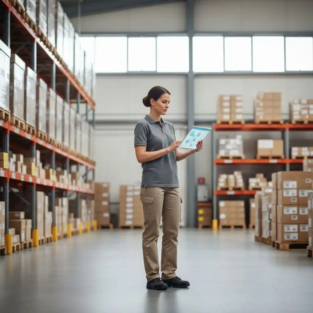 A warehouse manager holds a digital tablet displaying location tracking icons inside a modern distribution facility.