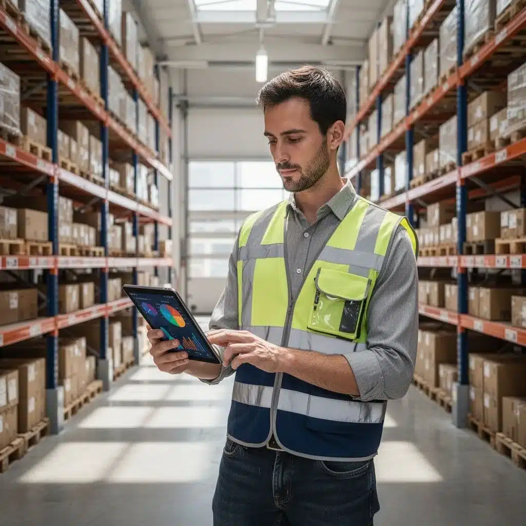 A warehouse manager stands in a modern facility, examining real-time inventory data on a digital tablet.